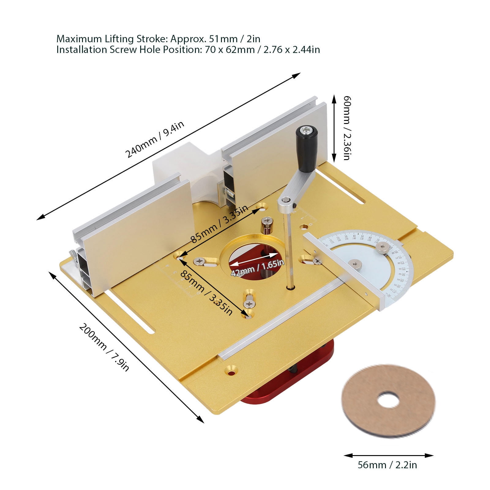 Yajisi Manual Lifting Router System Kit Aluminum Alloy Stainless Steel 2in Lift Stroke Universal Woodworking Router Table Base, 11.8x9.8x9.8in