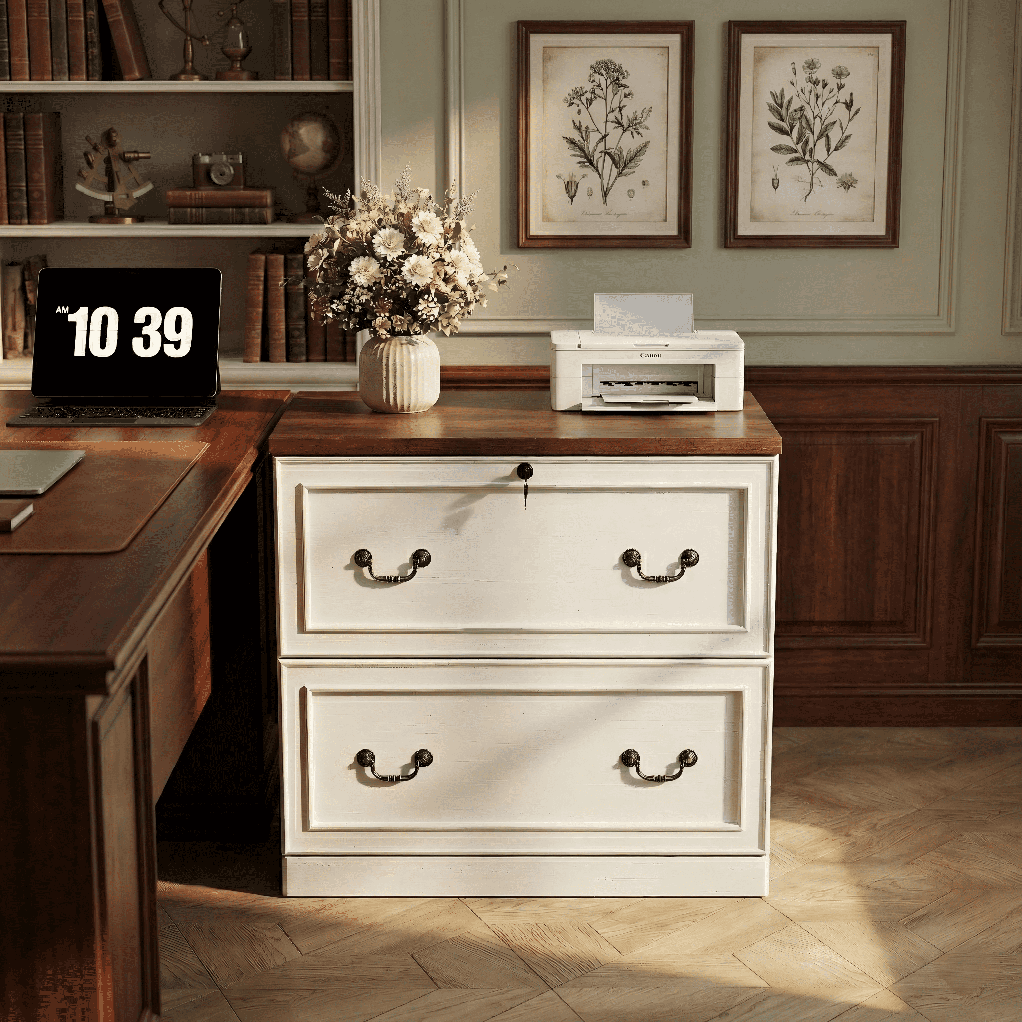 HMstone Farmhouse File Cabinet with Lock, 2 Drawer Lateral File Cabinet for Printer Stand, Large Wood Filing Storage Cabinet for Home Office, Fits A4/Letter Size Files, White
