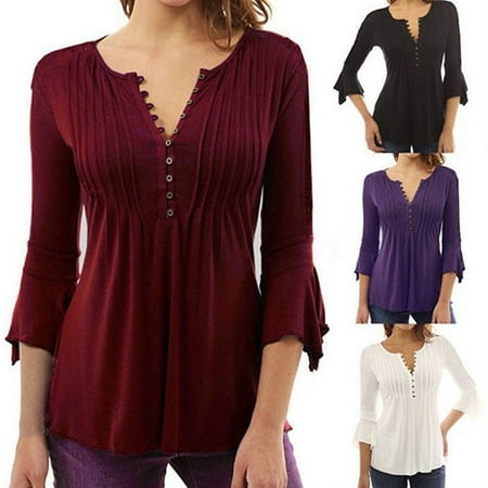 - Women Half Sleeve V Neck Button Row Pleats Ruched Irregular Loose Blouse T-Shirt Tops