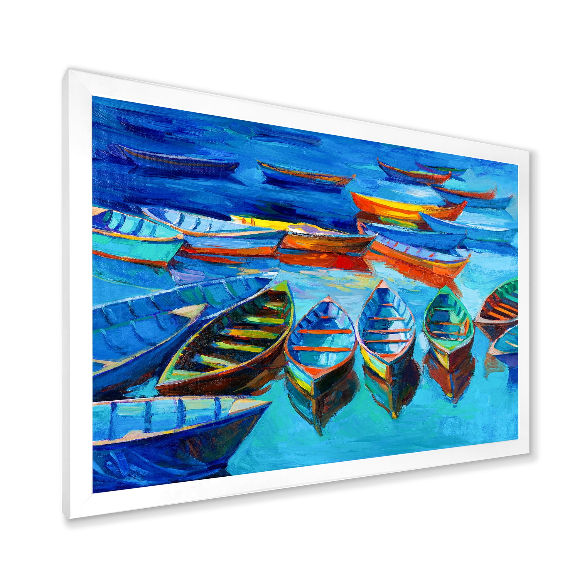 Designart 'Little Boats Wating In The Blue Harbour' Nautical & Coastal Framed Art Print