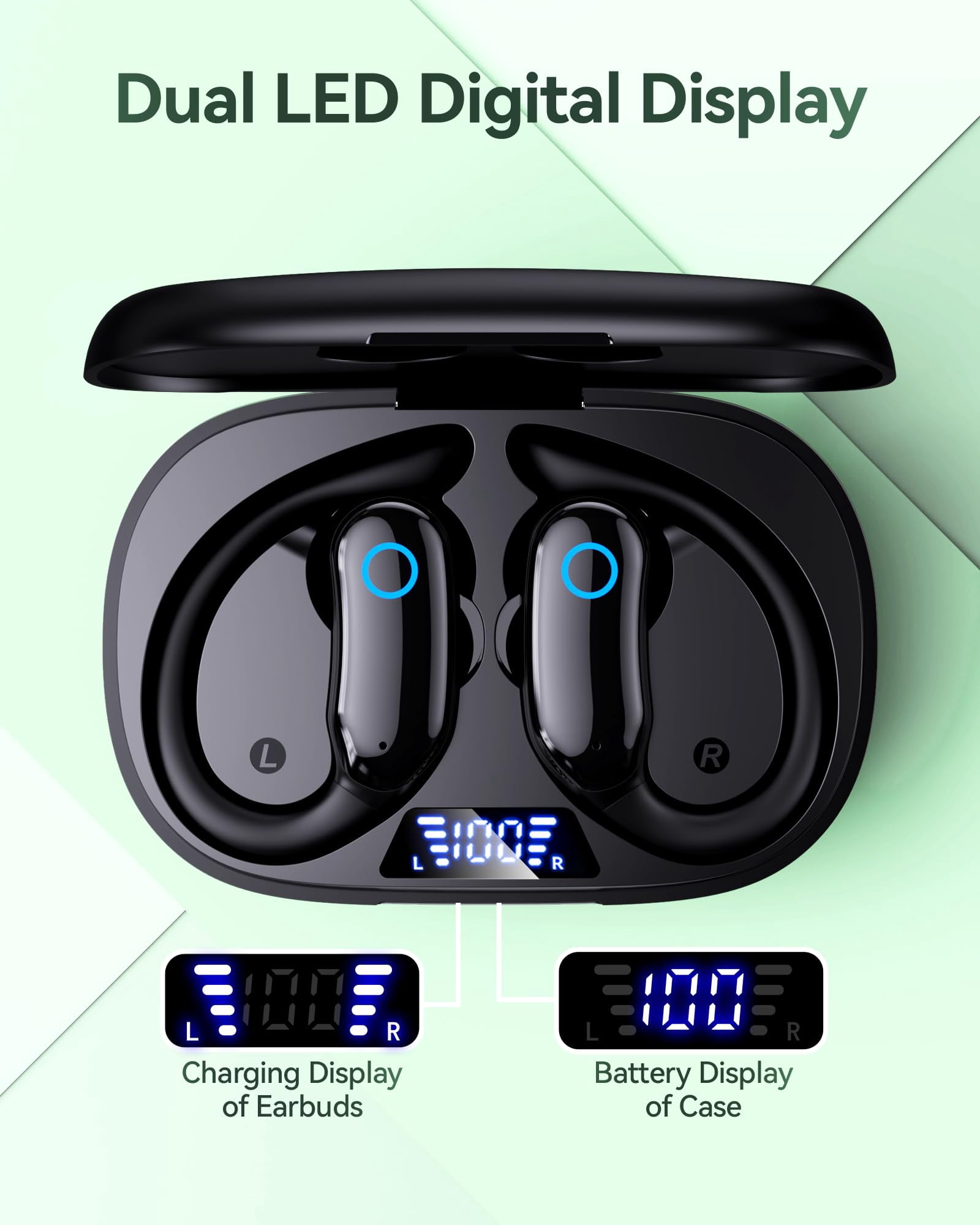 Active Noise Cancelling Ear Buds Wireless Earbuds 96hrs Playback Bluetooth Headphones Dual Battery Display Stereo Bass Earphones with Earhooks Microphone IPX7 Waterproof for Sports/Workout, Black