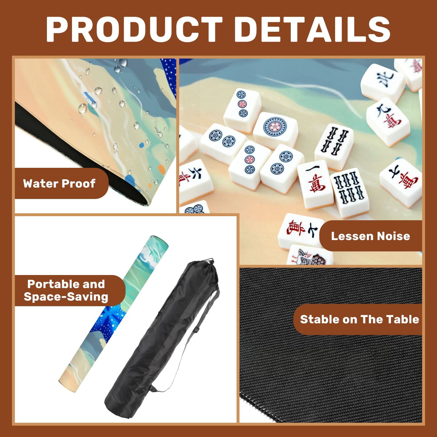 Mahjong Mat 31.5" x 31.5" Blue Starfish Tropical Shoreline Turquoise Waves Coastal Beach Non-Slip Noise Reduction American Mahjong Tiles Table Cover for Dominoes Poker Card Board Games Gift