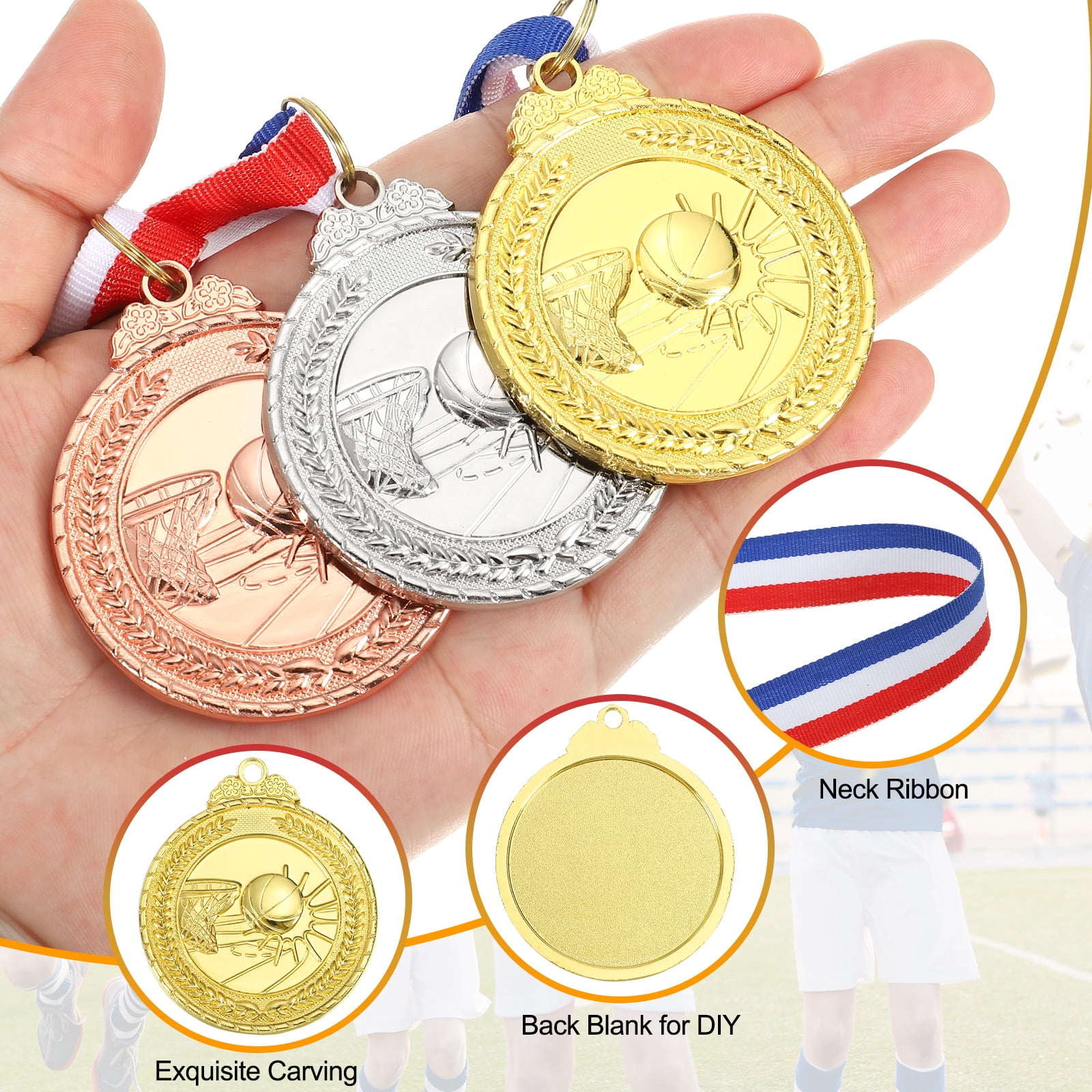 Uxcell 2 Inch Basketball Medals Gold Award Medals with Neck Ribbon for Team Sports Games Party Favors 24 Pieces