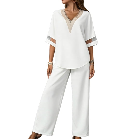 Summer 2 Piece Sets,Casual 2 Piece Outfit for Women Summer Half Sleeve Shirt and Wide Leg Pants Set