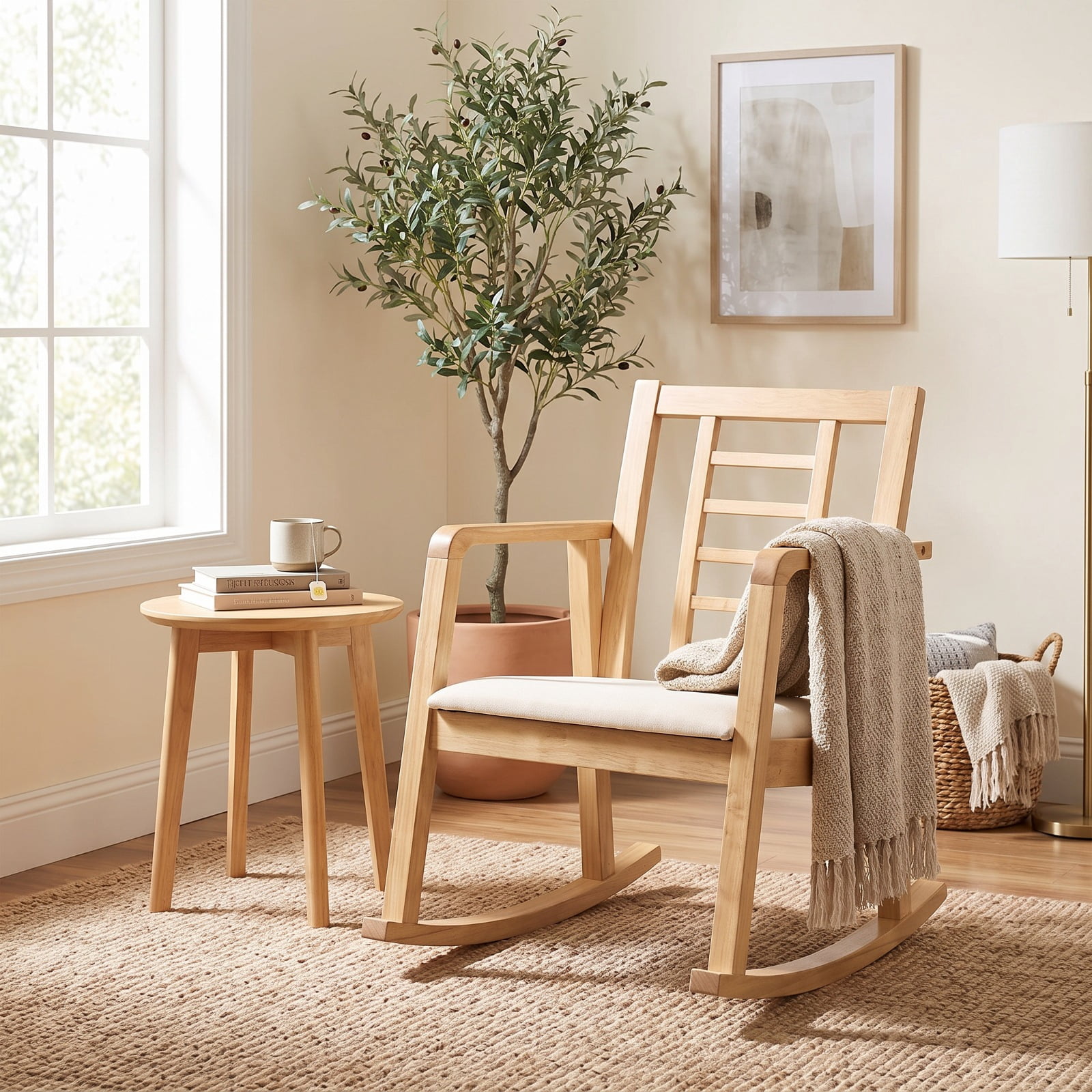 Biotree Wooden Rocking Chair with Upholstered Seat and Ladder Back for Living Room, Natural