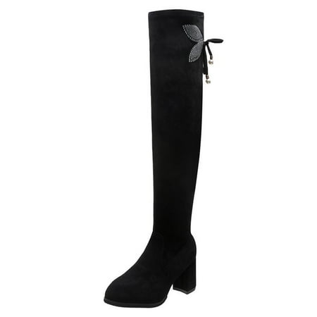 

Eloshman Ladies Rhinestones Pull On Over The Knee Boots Work Bow Long Winter Shoes Comfortable Tall Thigh High Boot Black with Plush Lining (6cm Heel) 4