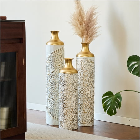 JERFIT Modern Gold and White Metal Floor Vases Set of 3, Hammered Textured Cylinder Vases for Glam Home Decor, Elegant Centerpiece for Living Room, Entryway