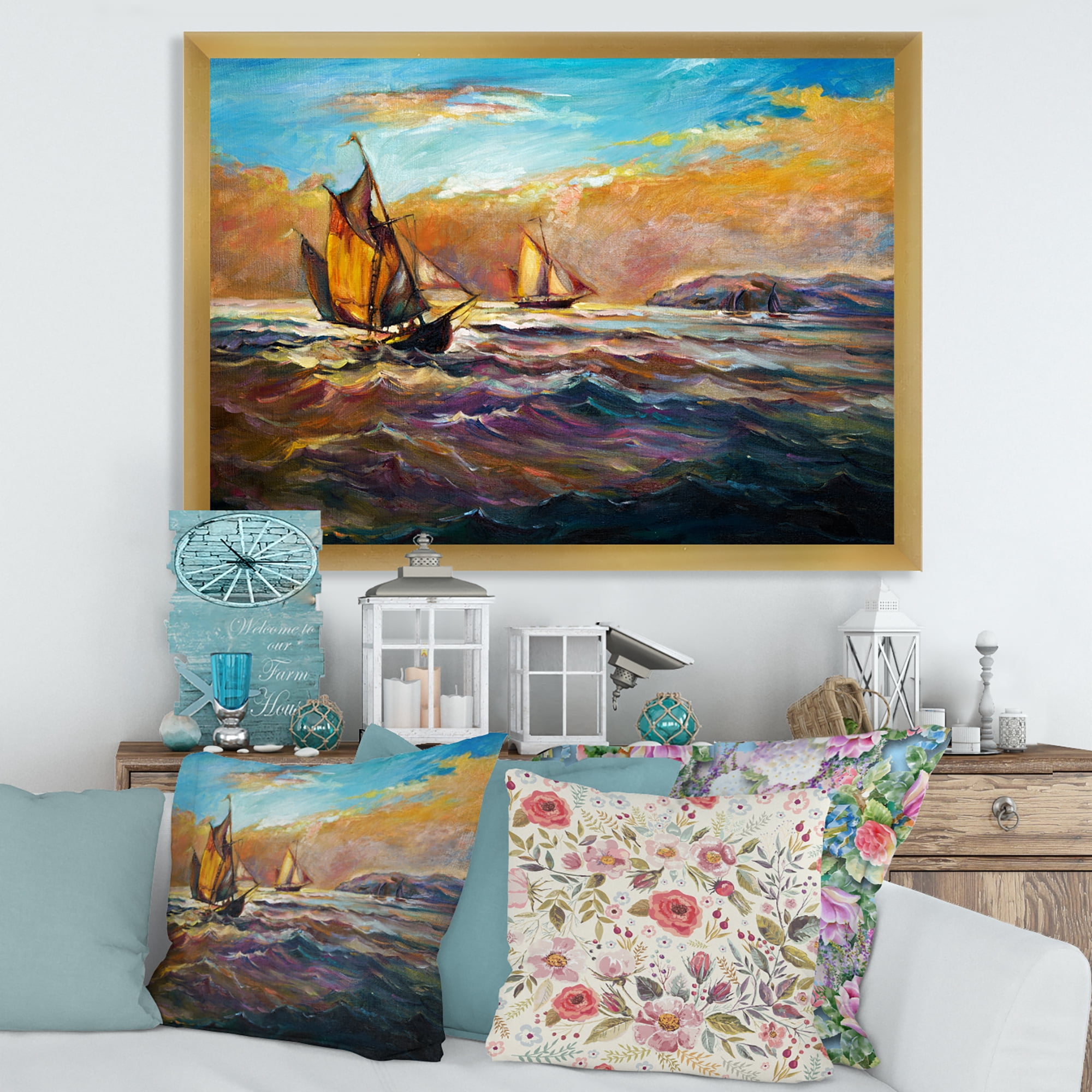 Boats During Evening Sunset In The Ocean II 32 in x 24 in Framed Painting Canvas Art Print, by Designart