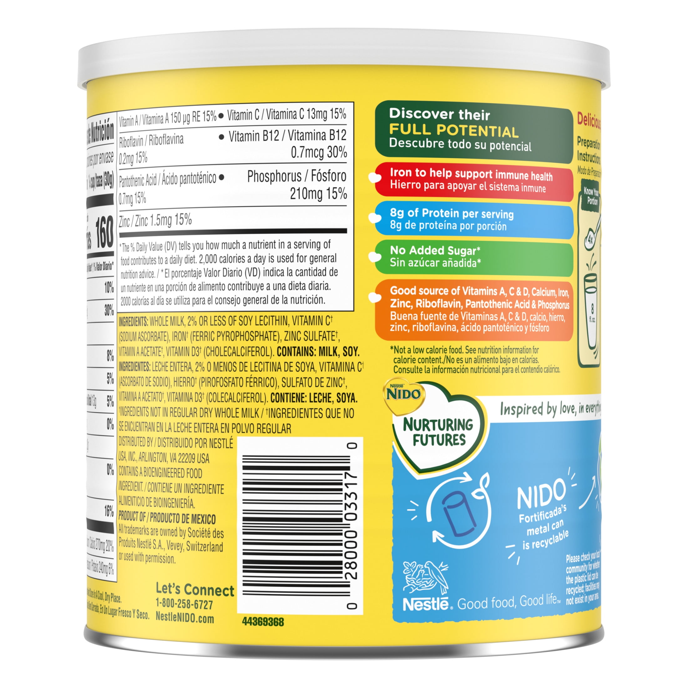 NIDO Fortificada Dry Whole Milk Powder with Vitamins A, C, D, Iron & Calcium, 12.6 oz Canister