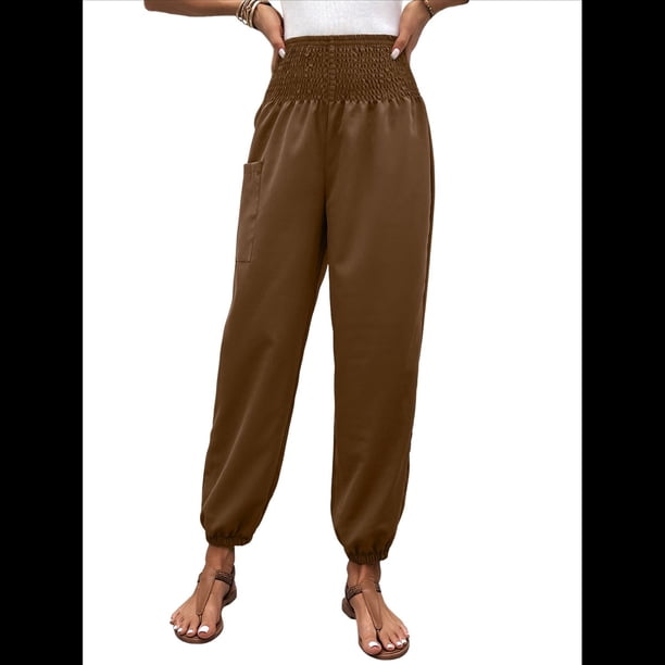 Pantalones de Verano Bohemios Informales de Negocios, Plisados, Elásticos, de Cintura Alta, de Pierna y con Bolsillos para Mujer. Color Café L