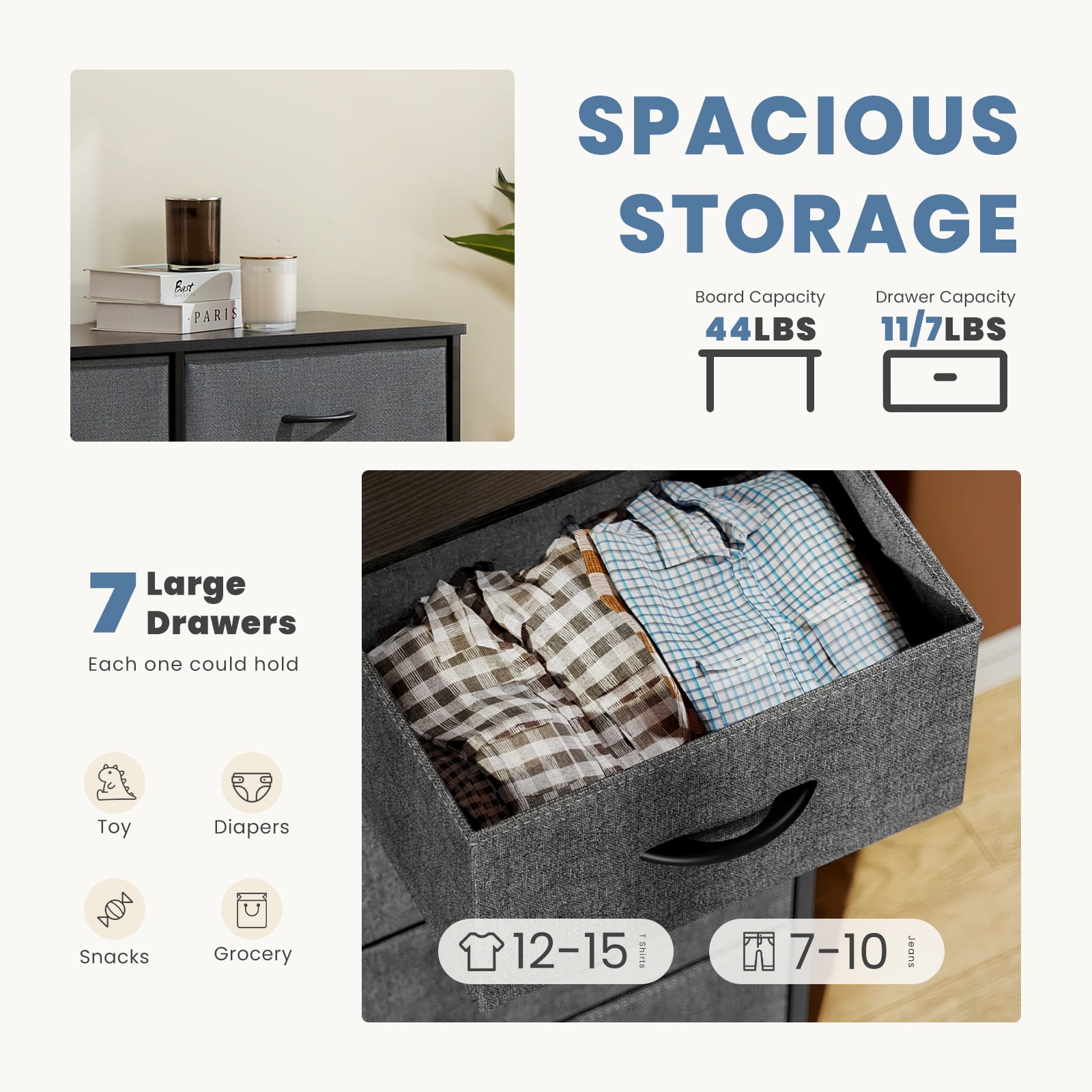 MAYEERTY 7-Drawer Fabric Storage Tower, Versatile Organizer with Wood Top for Bedroom, Living Room, Gray