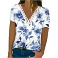 thumbnail image 1 of Women Tops Clearance-Sale Short Sleeve Printing Floral Pattern Blouse V-Neck Classic Fitted Tunic Formal Daily Ruched Ladies Softy Work Going Out Tops Blue,2XL, 1 of 5