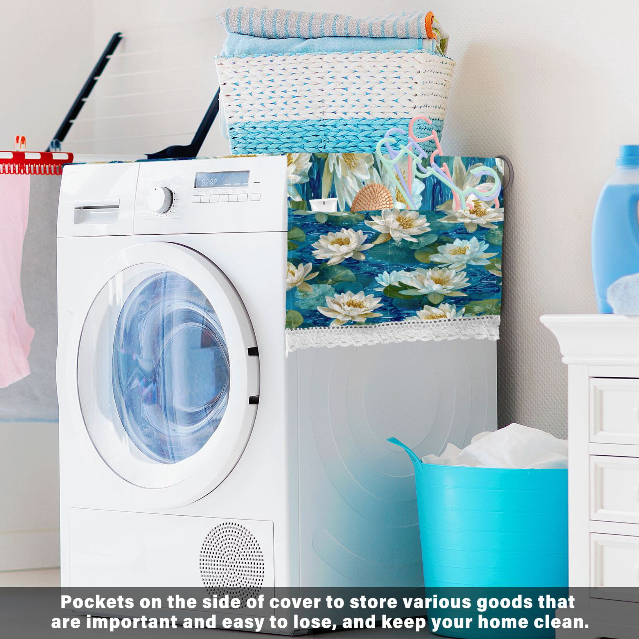 Wobogo White Water Lilies Float Washing Machine Cover Dustproof Washer Dryer Cover Waterproof Laundry Room Decorative Protector