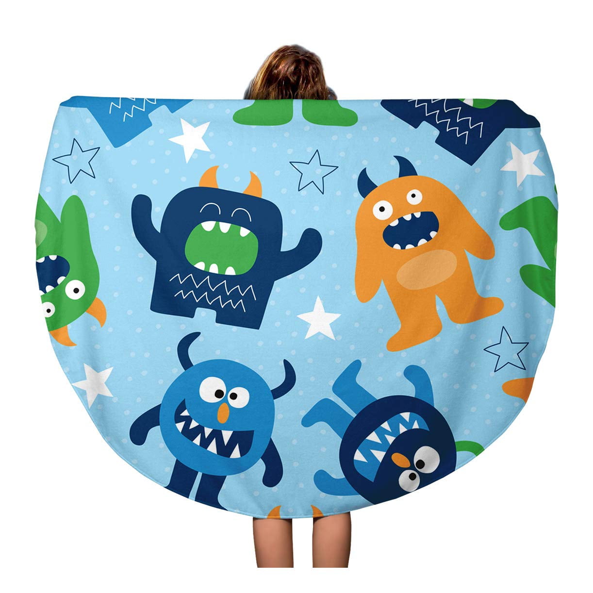 POGLIP 60 inch Round Beach Towel Blanket Blue Dinosaur Monster Pattern