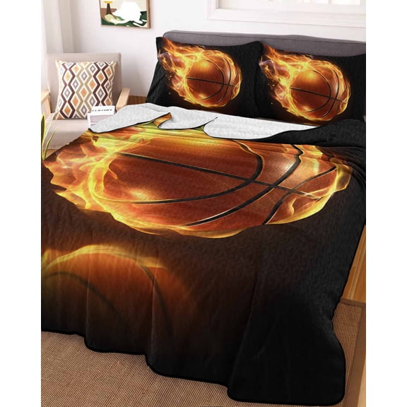 Basketball Twin Size Down Alternative Comforter, Lightweight Comforter Quilt Bedding Set with Pillow Shams Modern Buruning Flame Sport Black Background All Seasons Bed Comforter Duvet Insert 68"x86"