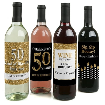 Adult 50th Birthday - Gold - Party Decorations for Women and Men - Wine Bottle Label Stickers - Set of 4