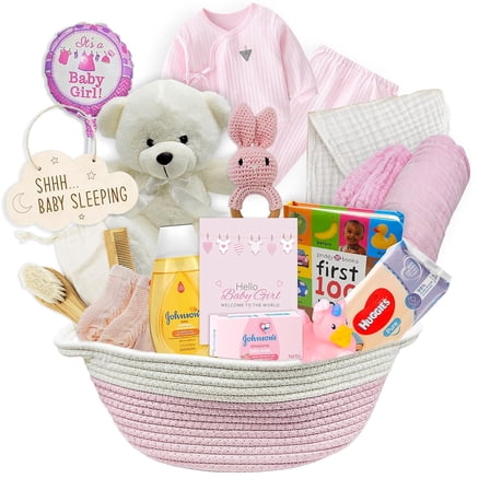 New Baby Girl Gift Basket Unique Gift Set for a New mom Pink Baby Gift Set. Welcome Baby Care Package All wNewborn Essentials Bundle for Expecting Moms Baby Shower, After Labor Gift