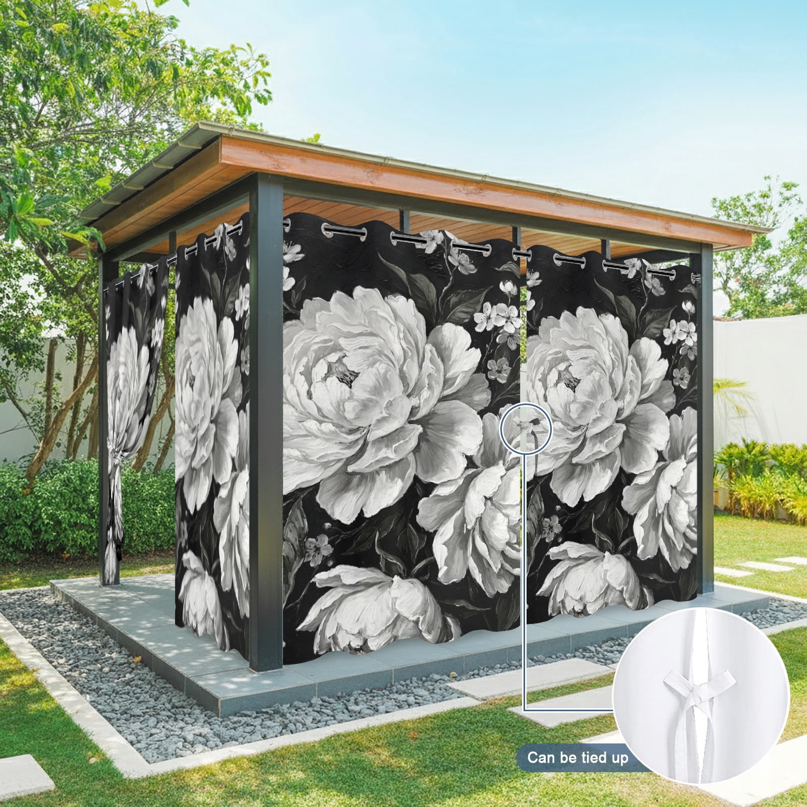 Blooming Peony Outdoor Curtains for Patio, Floral Black White Plant Sunshade Privacy Drapes Grommet Waterproof Outside Curtains for Porch/Cabana/Balcony 54"x 108", 1 Panel