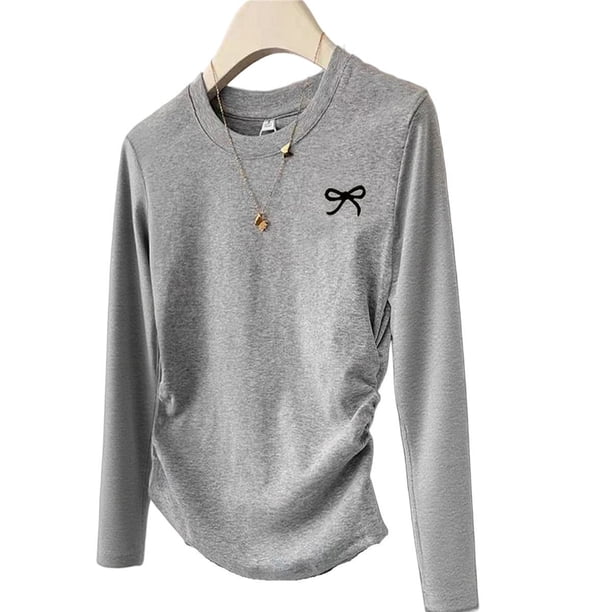 Camisetas de Larga con Lazo para Mujer, Cuello Redondo Fruncido, Camisetas Casuales Ajustadas Gris M