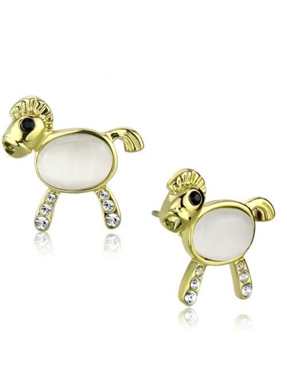 Luxe Jewelry Designs Women's IP Gold Stainless Steel Earrings with White Synthetic Cat Eye Stone