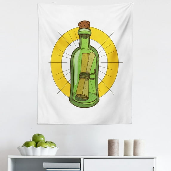 Pirate Theme Tapestry, Cartoonish Illustration of a Letter in a Green Bottle with Cork, Fabric Wall Hanging Decor for Bedroom Living Room Dorm, 5 Sizes, Green Yellow and White, by Ambesonne