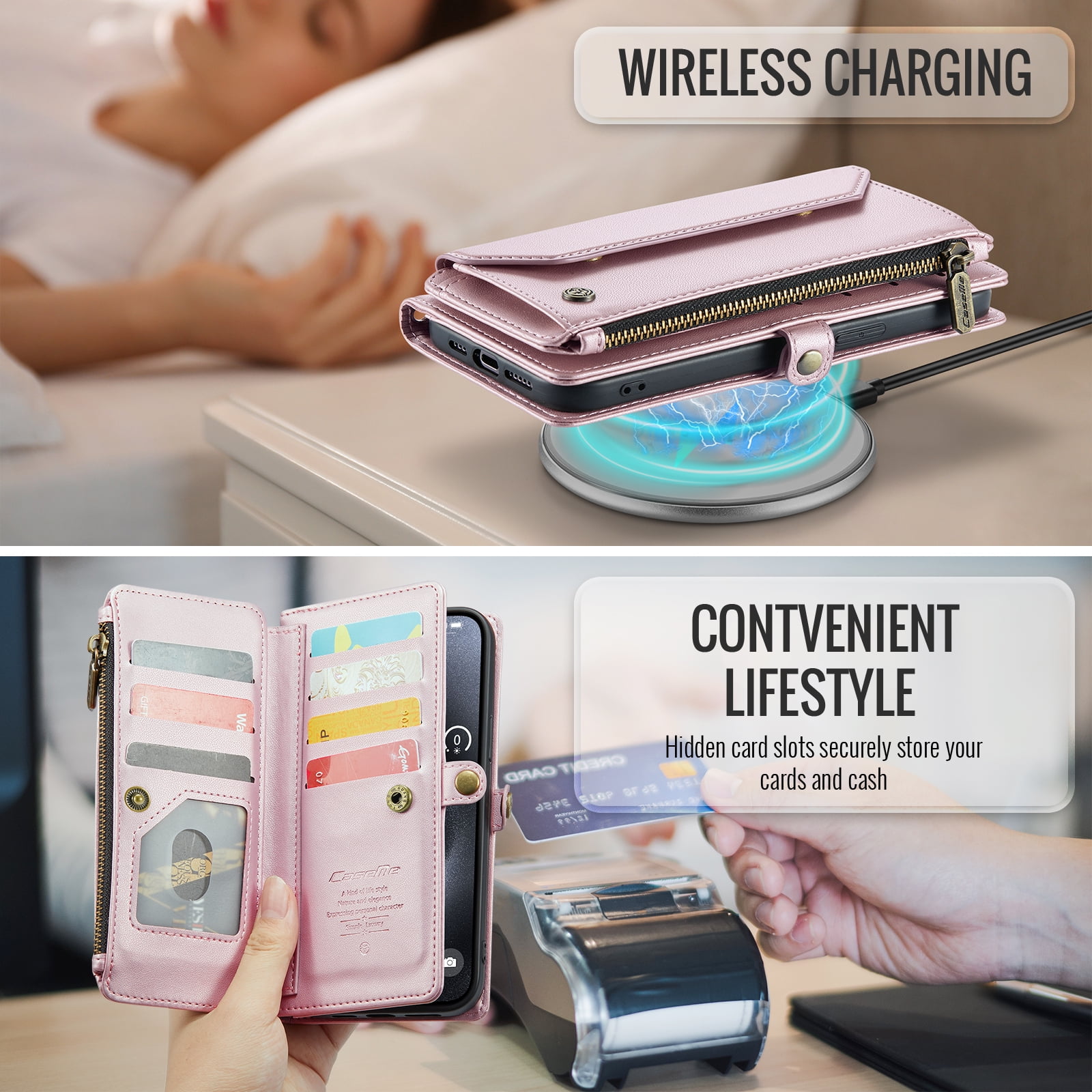 Dteck for iPhone 14 Plus Case with RFID Blocking Wallet Case for Women Men, Shockproof PU Leather Magnetic Flip Strap Zipper Card Holder Phone Case,Pink