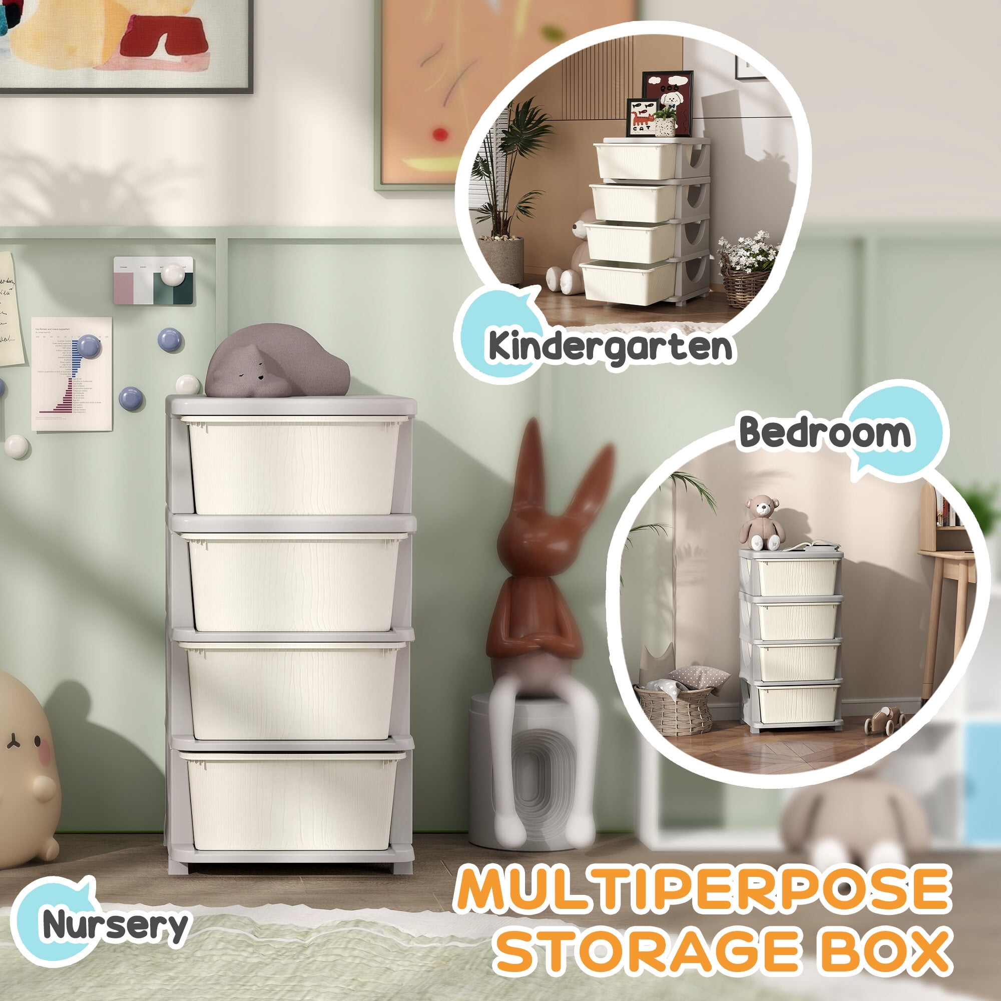 Qaba 4 Tier Kids Storage Unit,4 Drawer Chest Toy Organizer Plastic Bins for Kids Bedroom Nursery Kindergarten Living Room for Boys Girls Toddlers,Cream White,Cream White Plastic Furniture Youth Kids