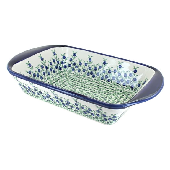 Blue Rose Polish Pottery Porcelain Vine Large Rectangular Baker with Handles
