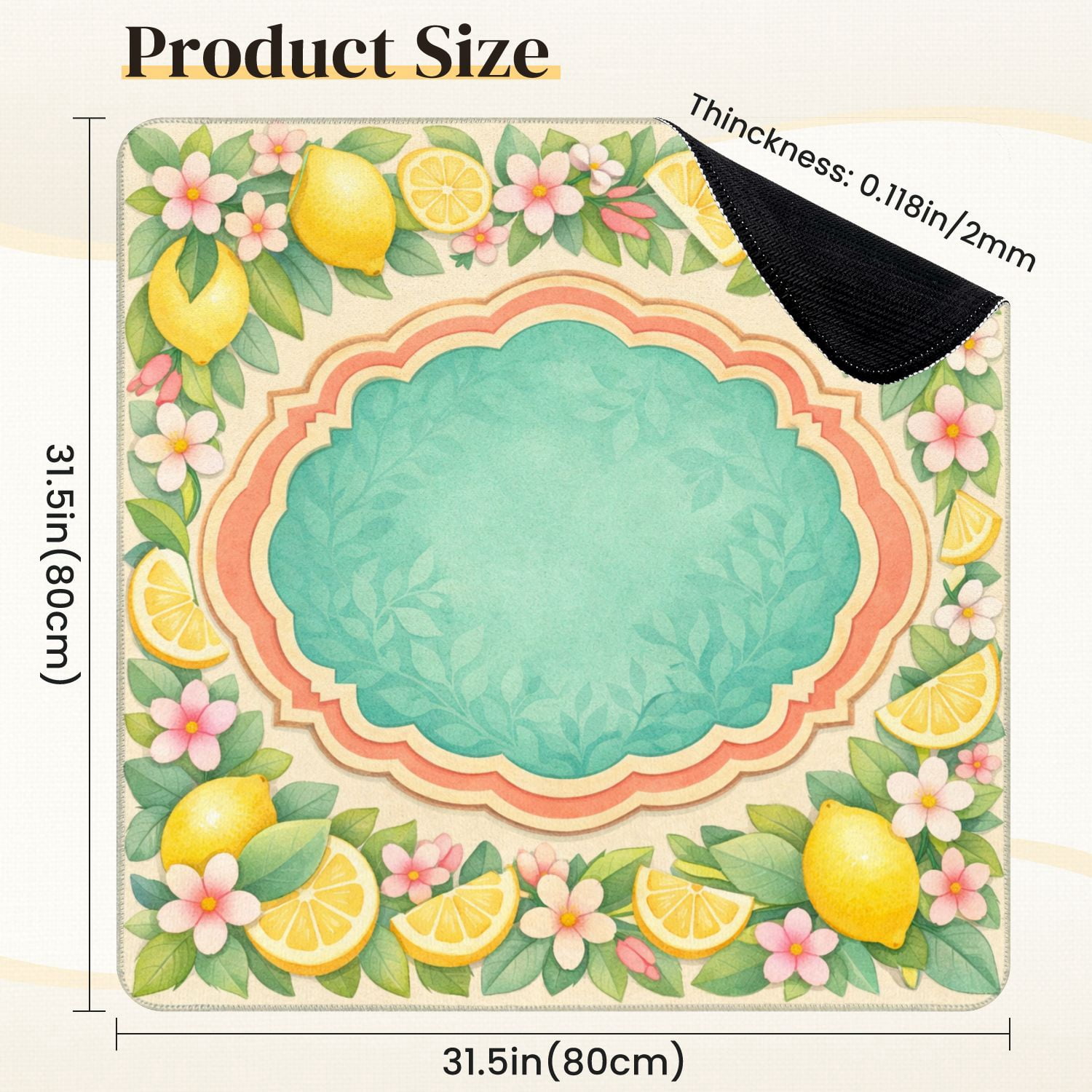 Mahjong Mat 31.5" x 31.5" Lemon Pink Flower Border Green Leaves Ornamental Frame Non-Slip Noise Reduction Mahjong Tiles Table Cover for Dominoes Poker Card Board and Tile Games