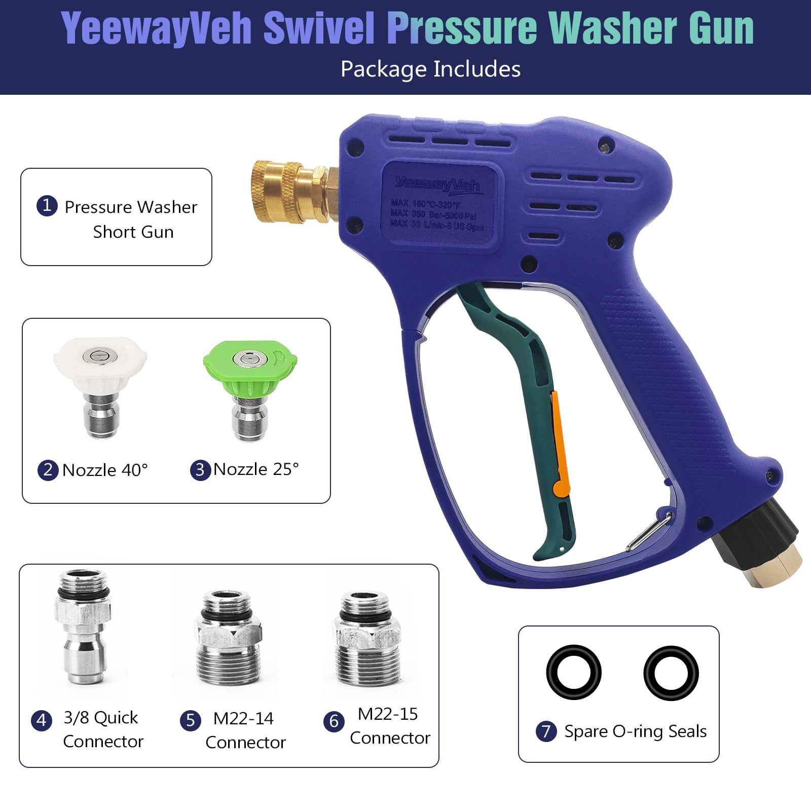 YeewayVeh Swivel Pressure Washer Gun, Short Washer Gun with 3/8" Quick Connect and M22 14 /15mm Fitting, Pressure Washer Gun for Foam Cannon with 2 Nozzles