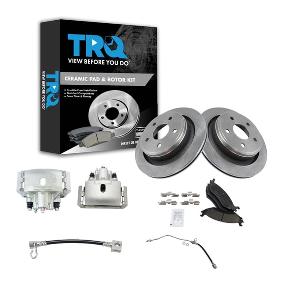 TRQ Rear Brake Pad & Rotor Kit Brake Caliper Brake Hose Brake Pads Brake Rotor Ceramic Fits Select 2002-2004 Dodge Ram 1500