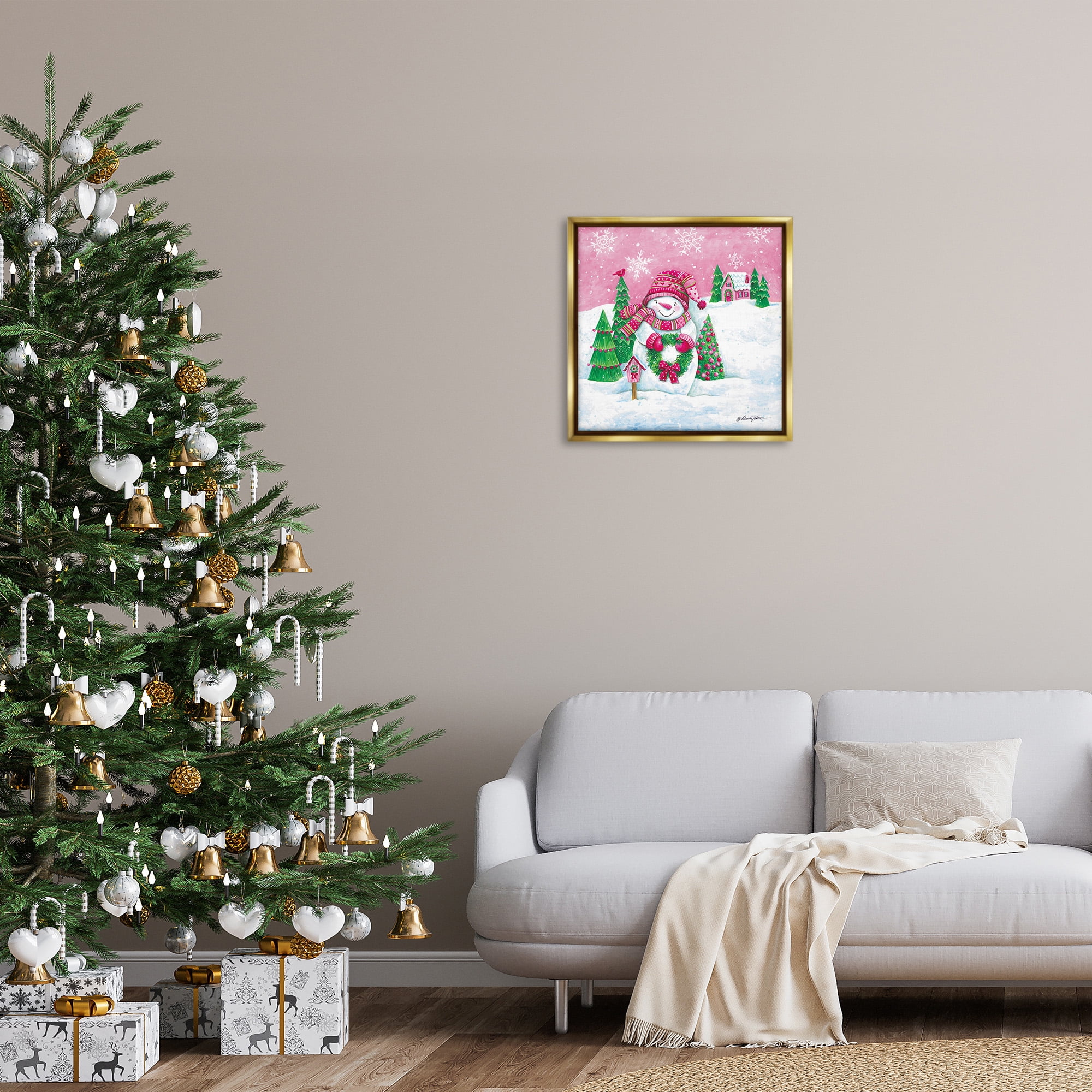 Stupell Industries Scenic Winter Snowman Holiday Painting Gold Floater Framed Canvas Art Print Wall Art, 25 x 25