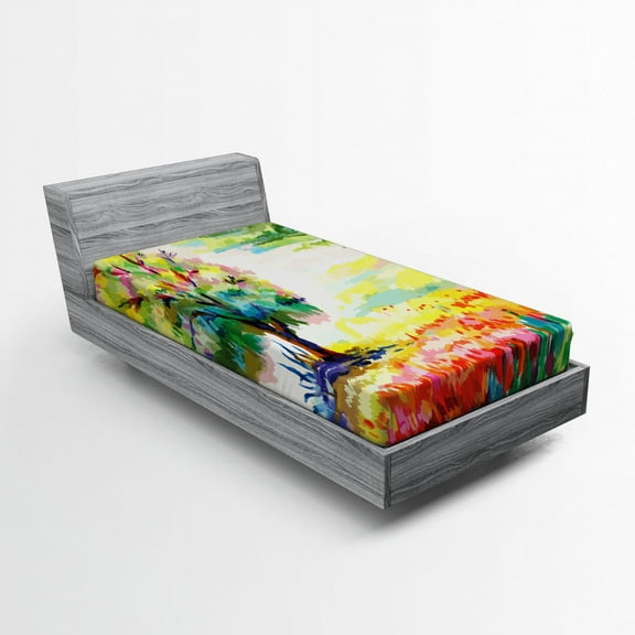 Ambesonne Nature Fitted Sheet, Colorful Rural Scenery, Twin XL Size, Multicolor