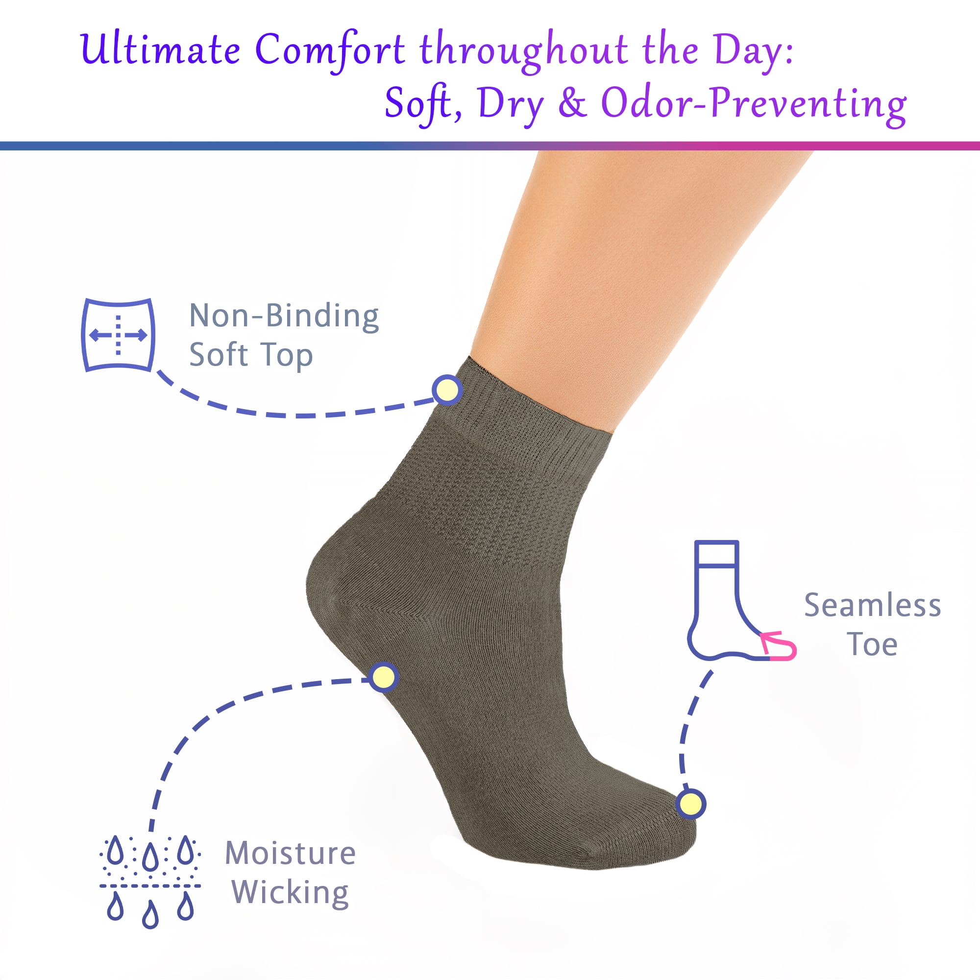 PureTwine Diabetic Socks for Women 4-6-8 Pair Neuropathy Ankle Socks for Ladies Super Soft Thin Bamboo Viscose Material Durable with Seamless Toe and Non-Binding Loose&nbsp;Top&nbsp;4&nbsp;Seasons