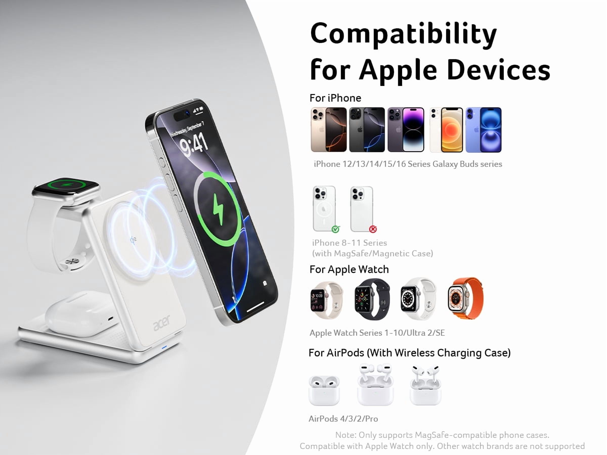 Acer 3 in 1 Charging Station, 15w Fast Wireless Charger, Compatible for Multiple Devices Apple - iPhone 17 16 15 14 13 12, Apple Watch Series and AirPods