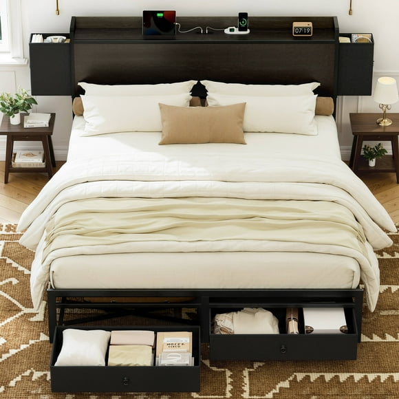 GUNAITO Full Bed Frame with Storage Headboard Platform Bed Frame with 2 Large Drawers Metal Bed with Charging Station & USB Ports, Dark Brown