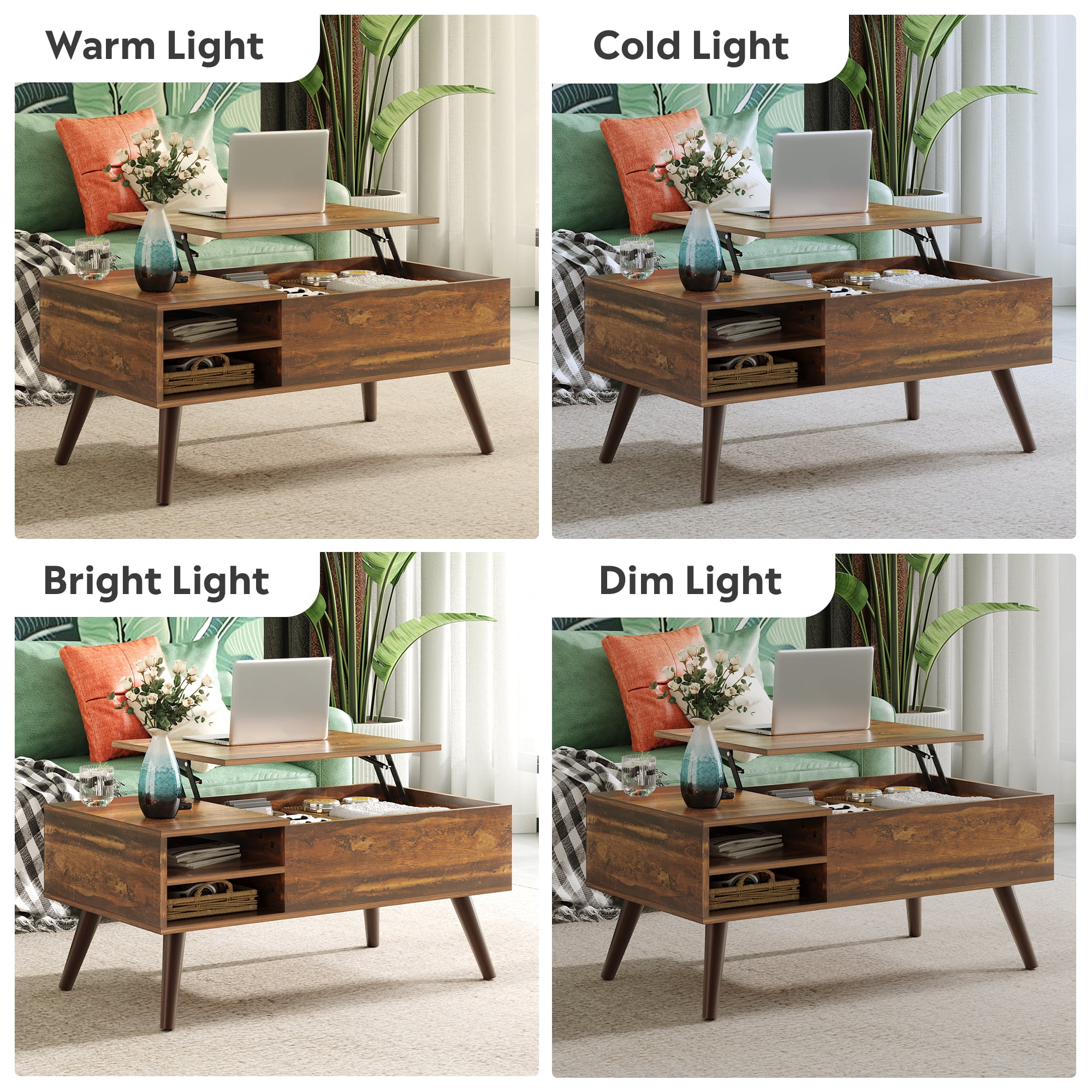 GALAXHERO Coffee Table with Removable Storage Shelves Lift Top Small Coffee Table for Living Room Rustic Brown