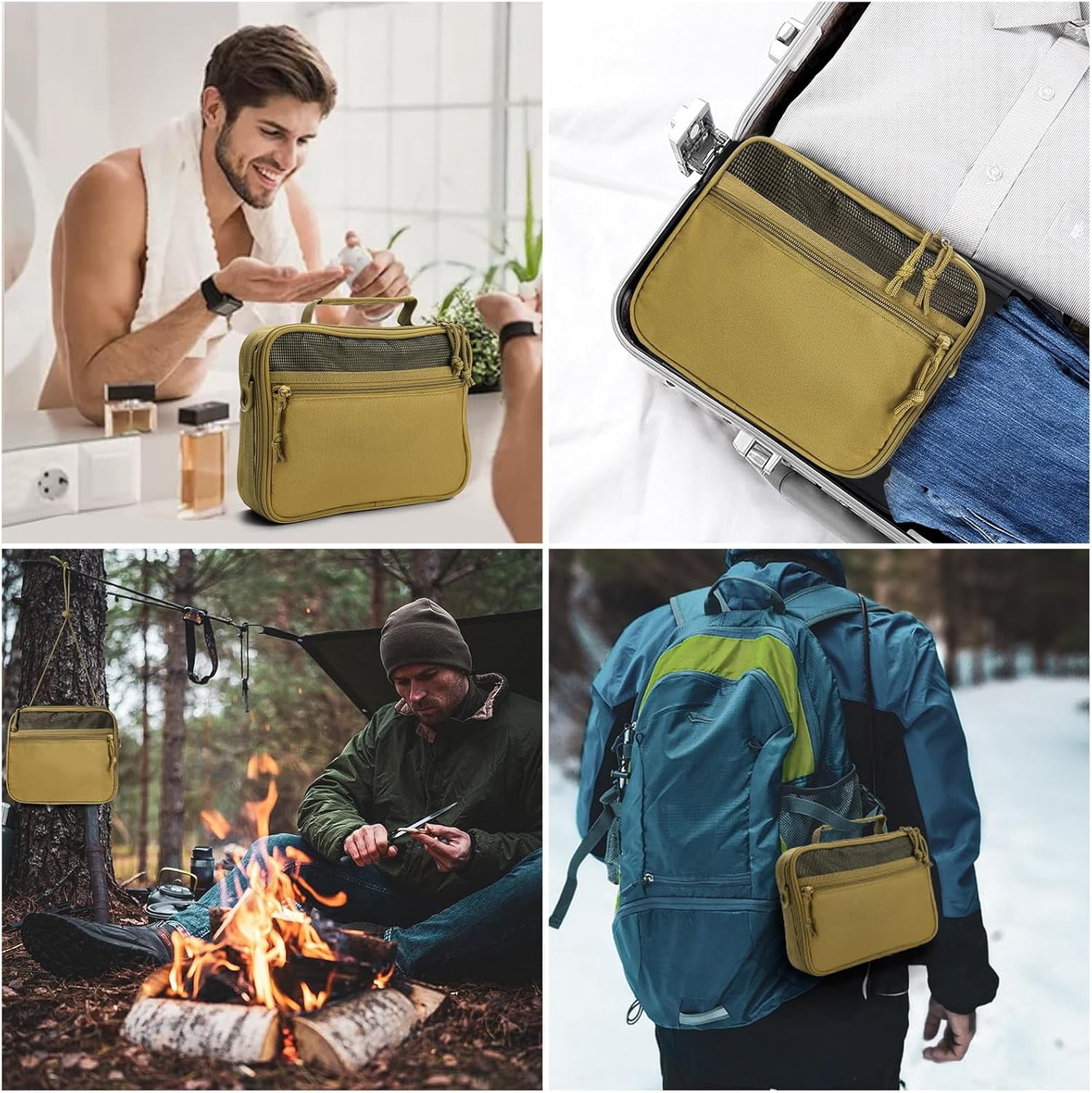 Travel Hanging Toiletry Bags,Tactical Toiletry Bag for Men,Bathroom Essentials Men's Toiletry Bag for Camping,Toiletries Organizer Dopp Kit, Travel Cosmetic Bag,Shaving Hygiene Bag-Khaki