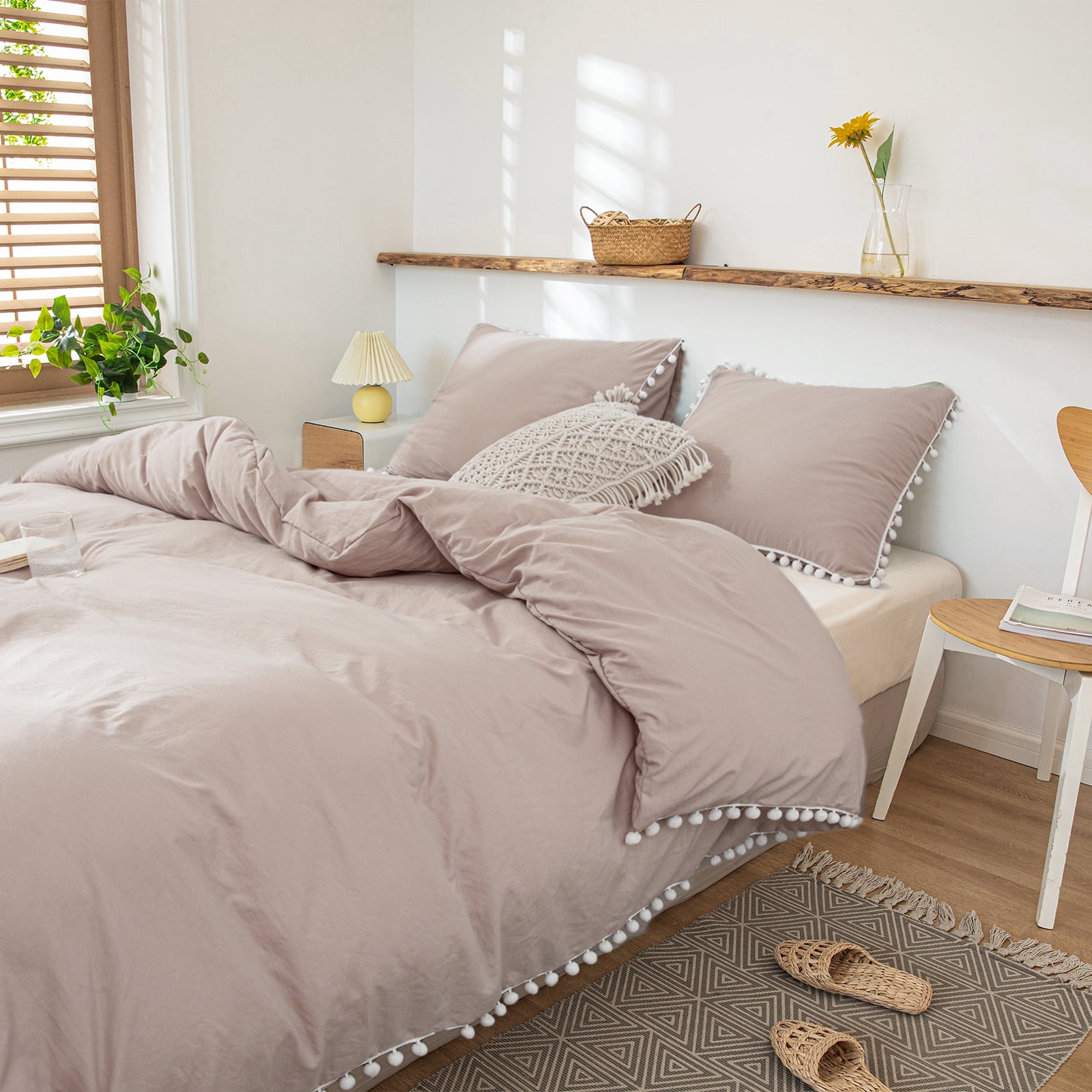 Move Over 3 Pieces Taupe Duvet Cover Set, 100 Washed Microfiber, Pom Poms Pattern, Khaki Grey
