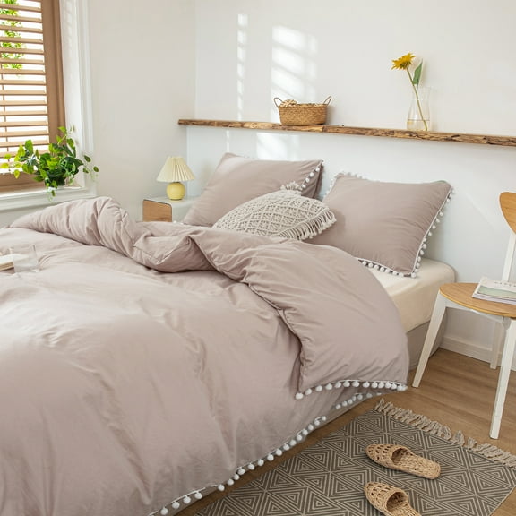 Move Over Taupe Bedding Sets King White Ball Fringe Pattern Washed Microfiber Taupe Khaki Duvet Cover Set No Filling