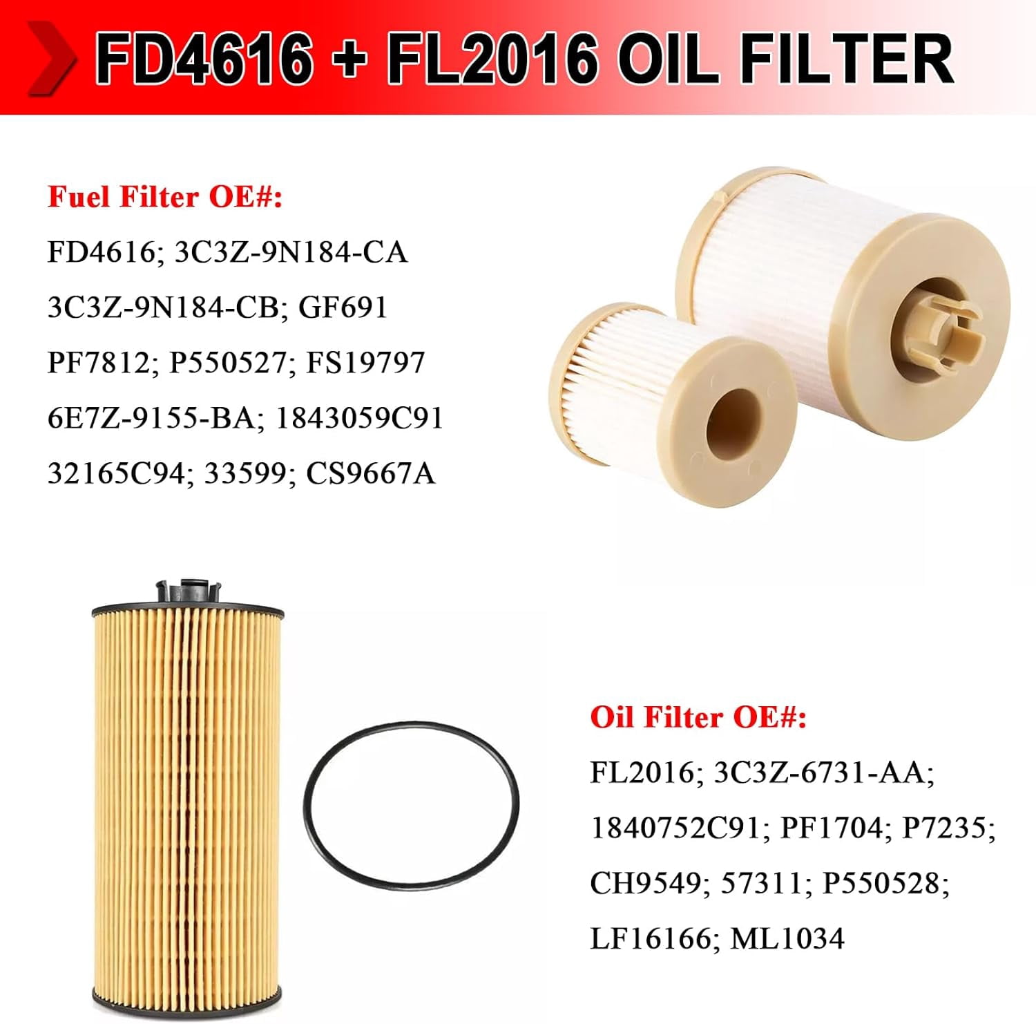 Oil & Fuel Filter Kit Replacement for 2003-2010 Ford 6.0L/6.4L Powerstroke F250 F350 F450 F550 Super Duty, Includes FD4616 Diesel Fuel Filter and FL2016 Engine Oil Filter