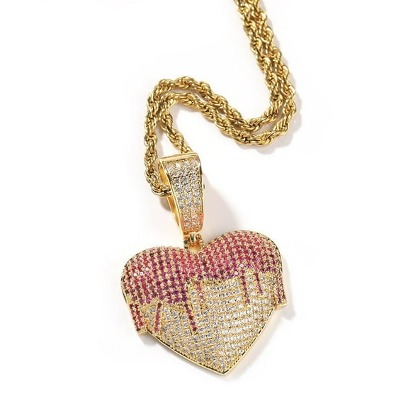 14K Gold Finish Simulated Diamond Iced Out Red Puffy Heart Shape, Love Valentines Charm Pendant Necklace, Birthday Gift, Gift for her, Christmas