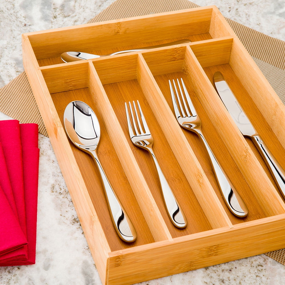 Natural Bamboo Flatware Drawer Organizer - 5 Compartments - 13 3/4" x 10" x 2" - 1 count box