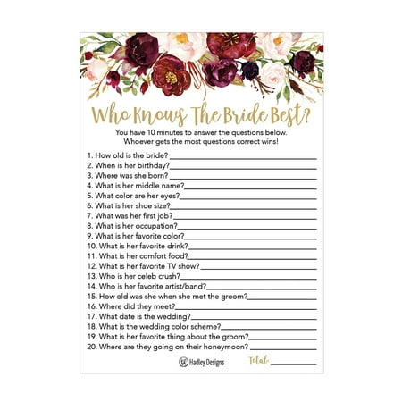 25 Cute Flowers How Well Do You Know The Bride Bridal Wedding Shower or Bachelorette Party Game Floral Who Knows The Best Does The Groom Couples Guessing Question Set of Cards Pack Printed