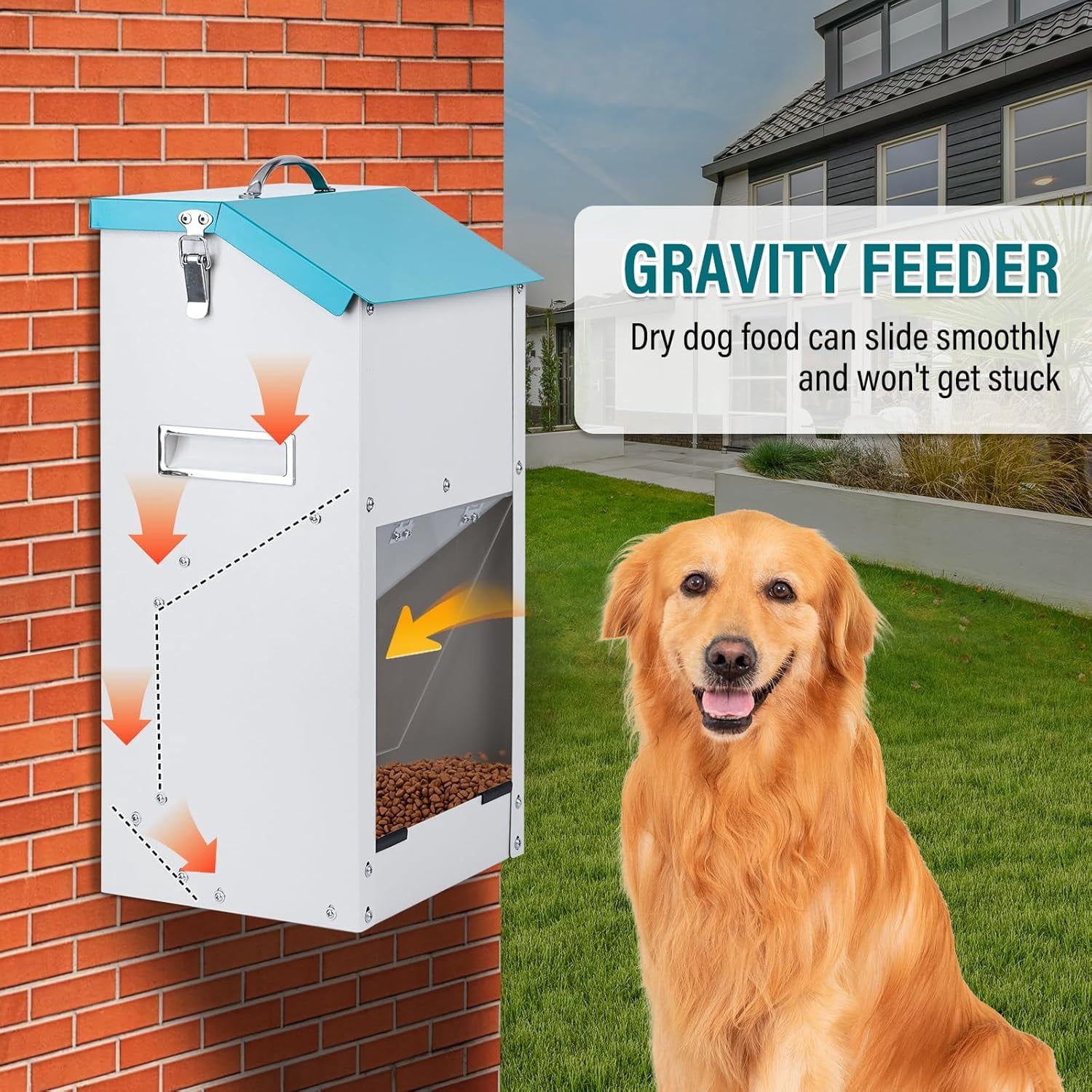 Automatic Dog Feeder Outdoor Galvanized Dog Food Dispenser 15lbs Pet Cat Feeding Station Metal Gravity Feeder for Puppy, Dog, Cat