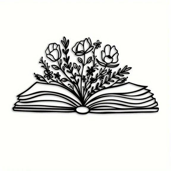 HELLOYOUNG Metal Wall Art Decor, Book Lover Gift, Flower Design Library Sign, Home Office Decoration, Black Iron Sculpture Wall Decor