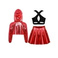 thumbnail image 4 of Hansber Kids Girls Hip Hop Dance Outfit Shiny Metallic Cropped Hoodie Sweatshirt Sports Bra and Skirt Set Red Black 10, 4 of 6