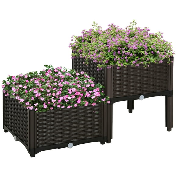 Outsunny Ensemble de 2 Bacs de Jardin Surélevés PP Bac à Fleurs Surélevé Boîte de Culture pour Légumes et Fines Herbes Support Brun
