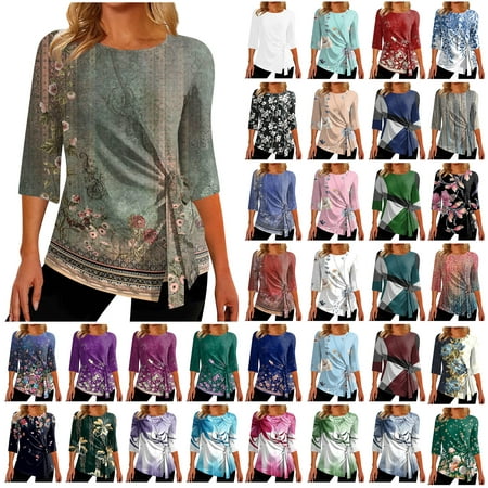 Cyber&Monday Deals Dyegold Womens Tops 3/4 Length Sleeves Boho Western Tops Vintage Floral Side Twist Knot Blouses Dressy Casual Fall Shirt Tee