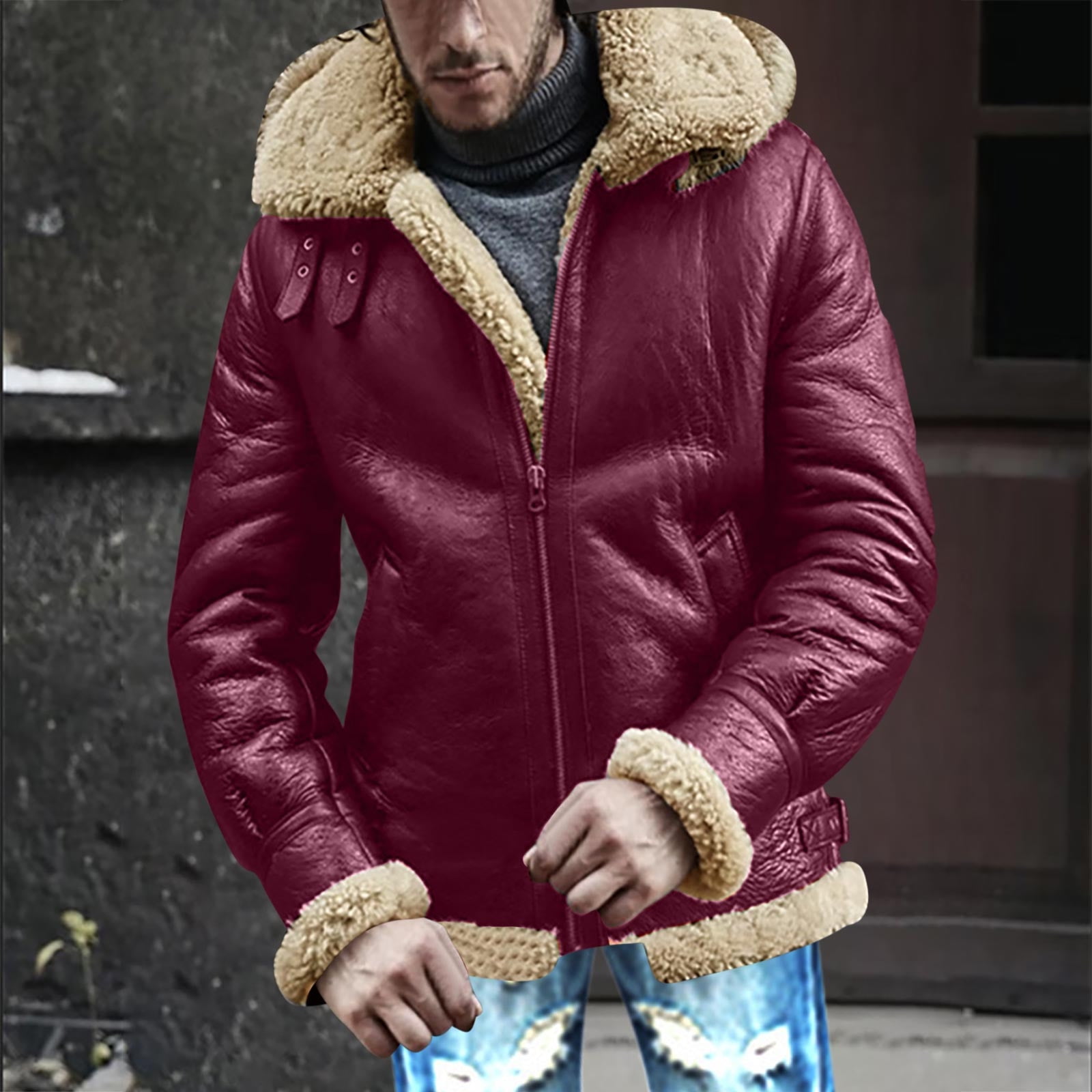 CHEEREAM Faux Leather Jacket Men Suede Faux Fur Jacket Outwear Coat with Hooded Winter Casual Sherpa Lined PU Leather Overcoat Wine L